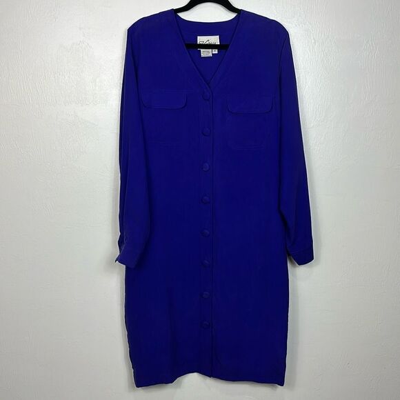 Victoria Soie Vintage 100% Silk Long Sleeve Button Front Dress Size 12 - Picture 1 of 8